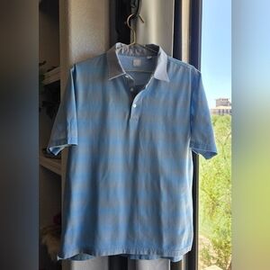 Raffi Light Blue Gray Striped Checked Polo Shirt 3 Button Large
